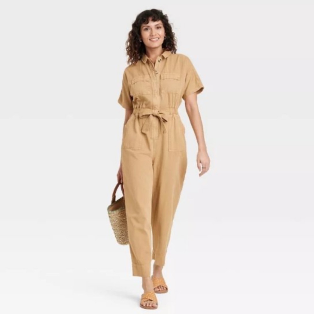Short Sleeve Button-Front Boilersuit / Jumpsuit - Brown